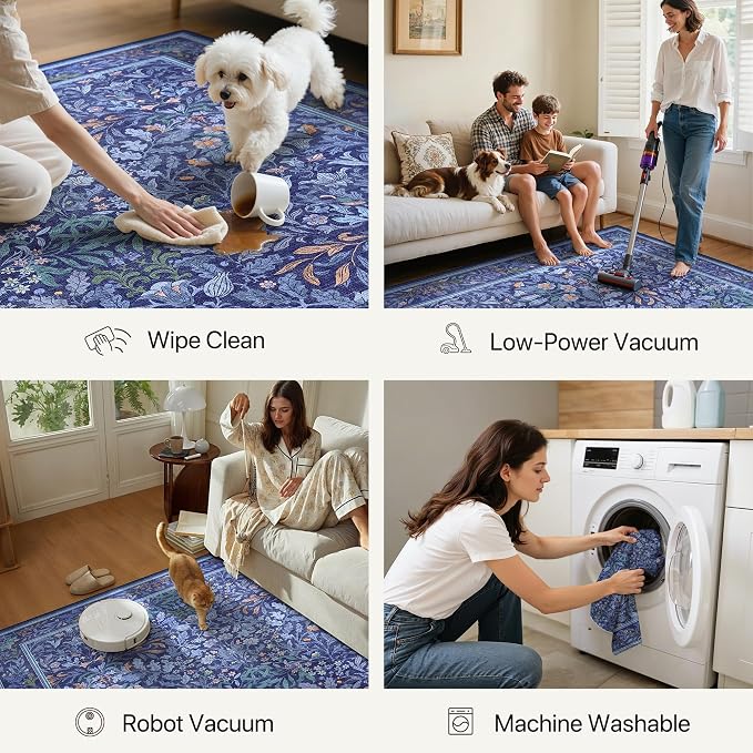 GENIMO 9x12 Washable Area Rug, Non-Slip Vintage Boho Floral Carpet, Large Area - Image 4