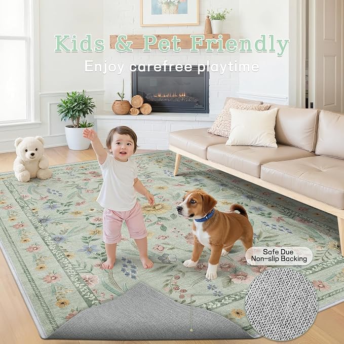 Green Washable Floral Rugs 7x9 Large Vintage Boho Non-Slip Living Room Carpet - Image 5