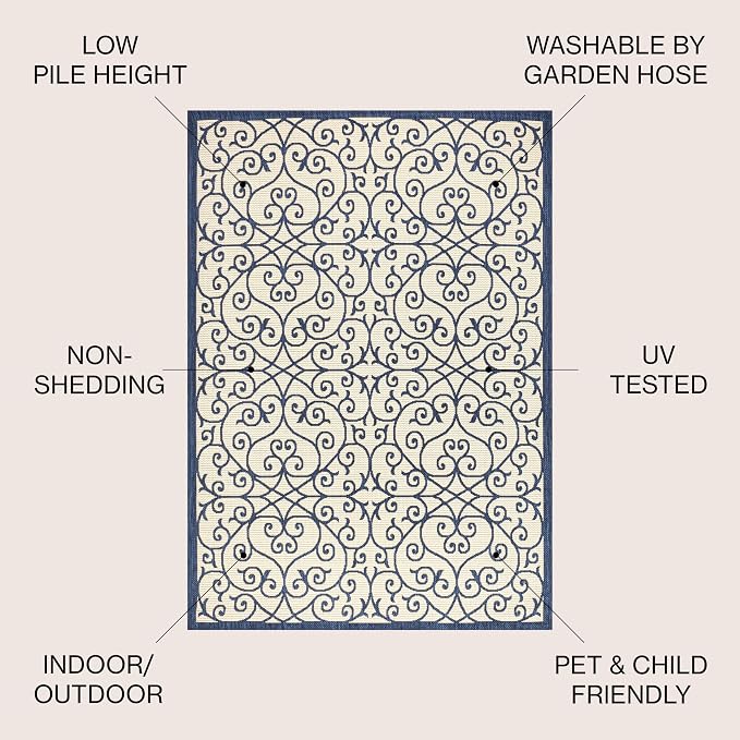 JONATHAN Y Vintage Filigree Indoor Outdoor Area Rug 3X5 Navy/Beige, Madrid - Image 2