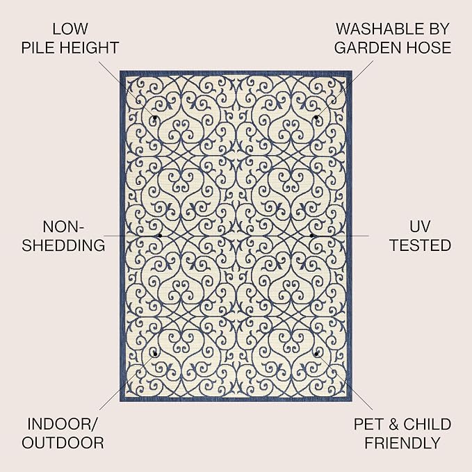 JONATHAN Y Vintage Filigree Indoor Outdoor Area Rug 8X10 Navy/Beige, Madrid - Image 2