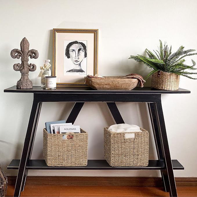 12x12x10in Seagrass Storage Baskets Set of 2, Large Wicker Storage Basket, Decorative Seagrass Shelf Basket, Pantry Baskets Organization,Folding Storage Cube Bins