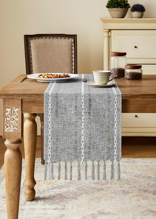 Hemstitched Farmhouse Table Runner, Charcoal 13x108 Inch, Cotton Linen Table - Image 2