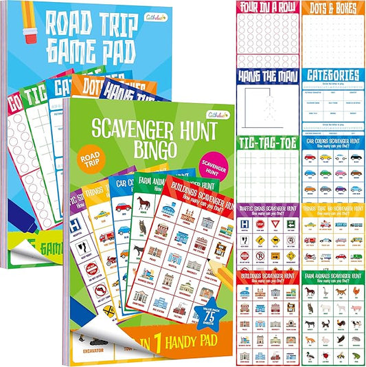 2 Pack Road Trip Game Pads, 10 Games (Categories, Dot & Boxes, Tic-tac-Toe, Scavenger Hunt Bingo), Pen Pencil Paper Game, Plane Trip/Car Travel/Getaway Activity Pad for Kid, Adult