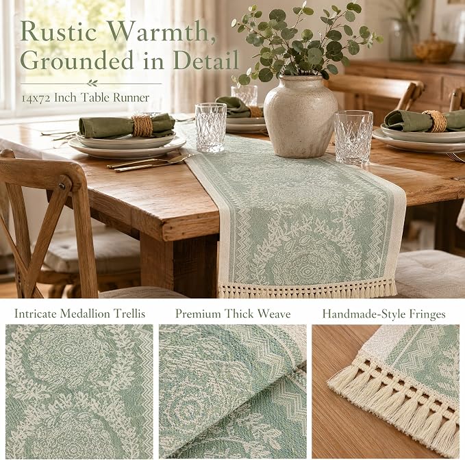 14x83 Medallion Table Runner Waterproof Rustic Farmhouse Macrame | Hosting a - Image 3