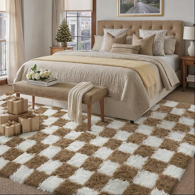 PureCozy 6x9 Area Rugs for Living Room Brown Soft Shag Checkered Large Rug - Image 4