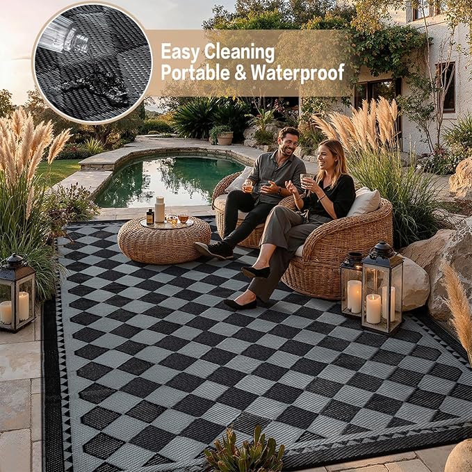 HUGEAR Outdoor Waterproof Rug 9'x12' Plastic Straw Rugs Washable Reversible - Image 5