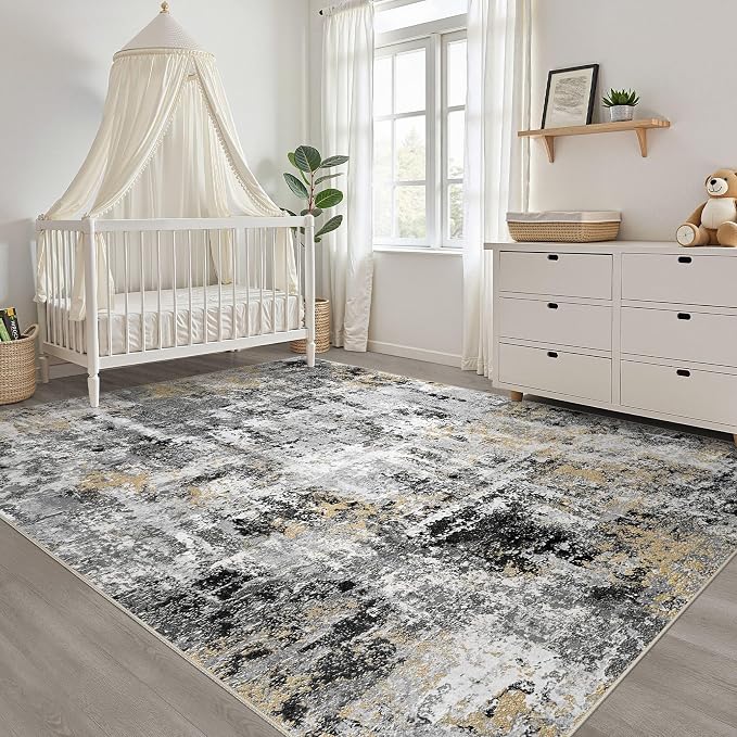 7x9 Area Rug Living Room: Washable Large Abstract Neutral Modern Soft Rug Stain - Image 7