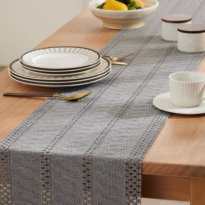 Macrame Style Boho Table Runner, 12x90 Inch Grey | Woven Boho Table Runner - Image 5