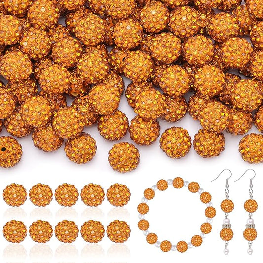105pcs 10mm Rhinestone Beads for Jewelry Making, Golden Shiny Round Disco Ball Beads Bulk, Sparkle Crystal Clay Christmas for Bracelet Baseball Necklace Earring Crafting and DIY