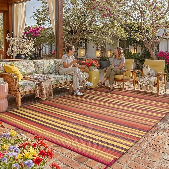 Outdoor Plastic Straw Rug Waterproof Patio 10x14 Red Orange Stripe Mat by WondRg