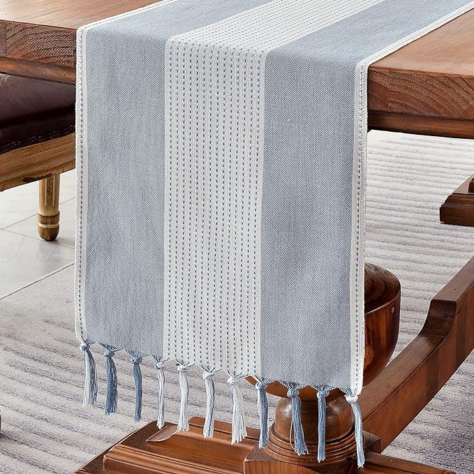 Wracra Linen Table Runner, Stripe Table Runners 48 Inches Long Blue | Delicate by Wracra