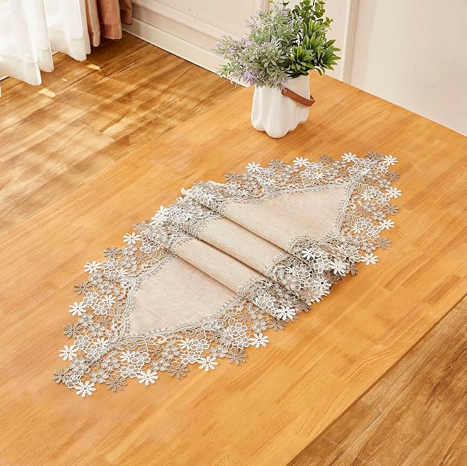 Natural Neutral Earth Tones Beige Floral Lace Table Runner Dresser Scarf 36 - Image 7