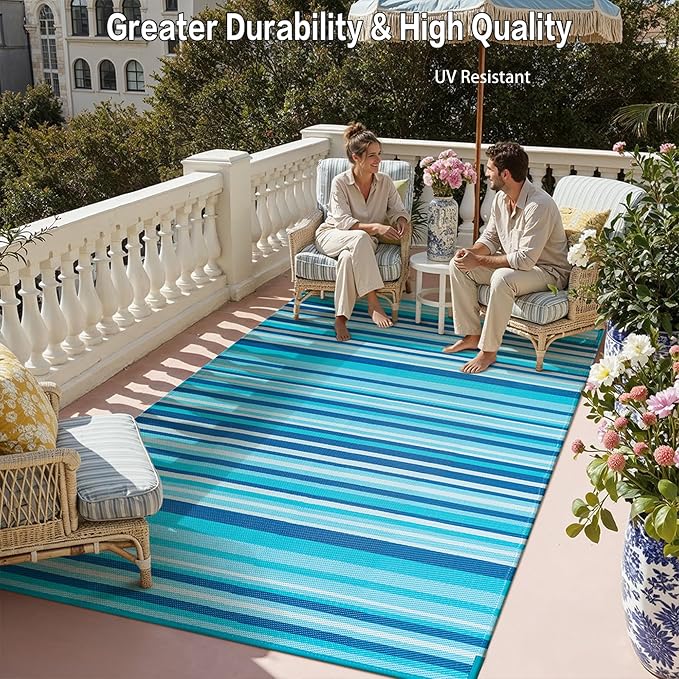 Outdoor Plastic Straw Rug Waterproof Patio 5x8 Blue Teal Stripe Mat - Image 5
