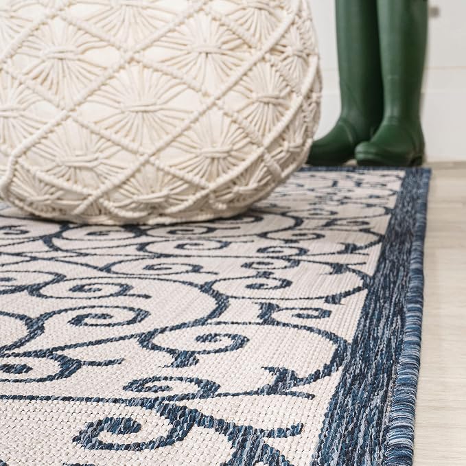 JONATHAN Y Vintage Filigree Indoor Outdoor Round Area Rug 5 Ft Blue/Cream - Image 6