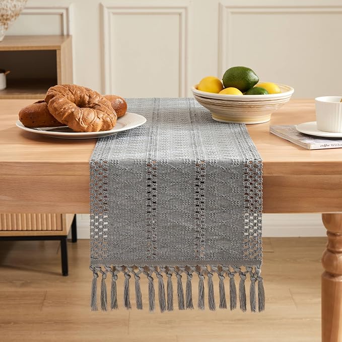 Macrame Style Boho Table Runner, 12x36 Inch Grey | Woven Boho Table Runner - Image 2