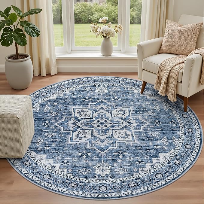 Round Area Rug for Living Room: 4 ft Washable Vintage Boho Soft Thin Circle Rug - Image 2