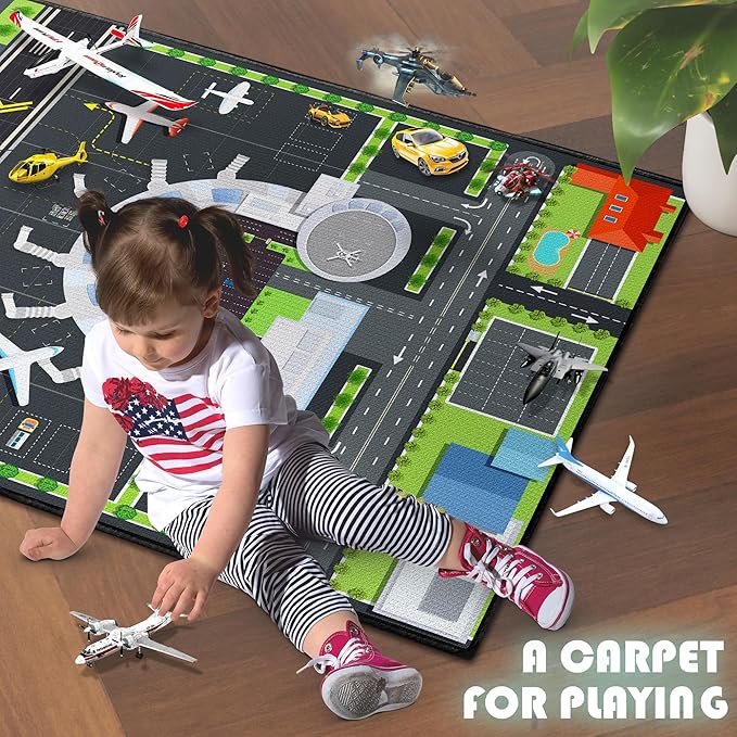 Play Rug for Playroom 3x4 Airport Carpet for Boys Bedroom with Combined City Road Traffic System Aircraft Runway Playmat Rugs Carpet Non-Slip Washable Area Mat