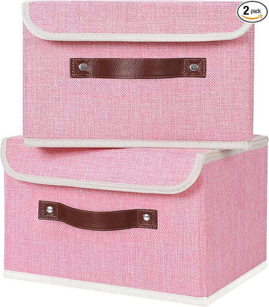 ANMINY 2PCS Storage Bins with Lid PU Leather Handles Storage Boxes PP Plastic Board Decorative Foldable Lidded Cotton Linen Fabric Home Cubes Baskets Closet Organizer Containers - Pink, Small Size