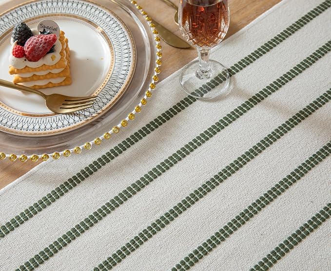 Caflife Boho Table Runner 90 Inchs Long Green and Beige, Cotton and Linen Woven - Image 4