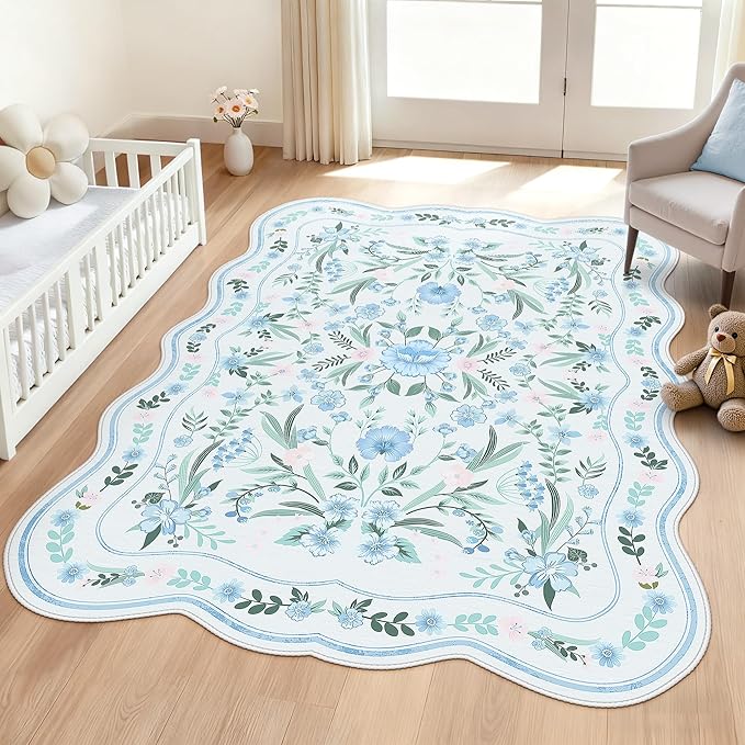 Blue Floral Area Rug 5x7, Washable Scalloped Boho Carpet by Dadasgk