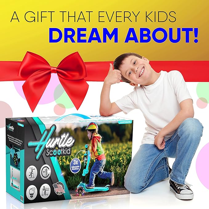 Hurtle 3-Wheeled Scooter for Kids - Wheel LED Lights, Adjustable Lean-to-Steer Handlebar, and Foldable Seat - Sit or Stand Ride with Brake for Boys and Girls Ages 1-14 Years Old