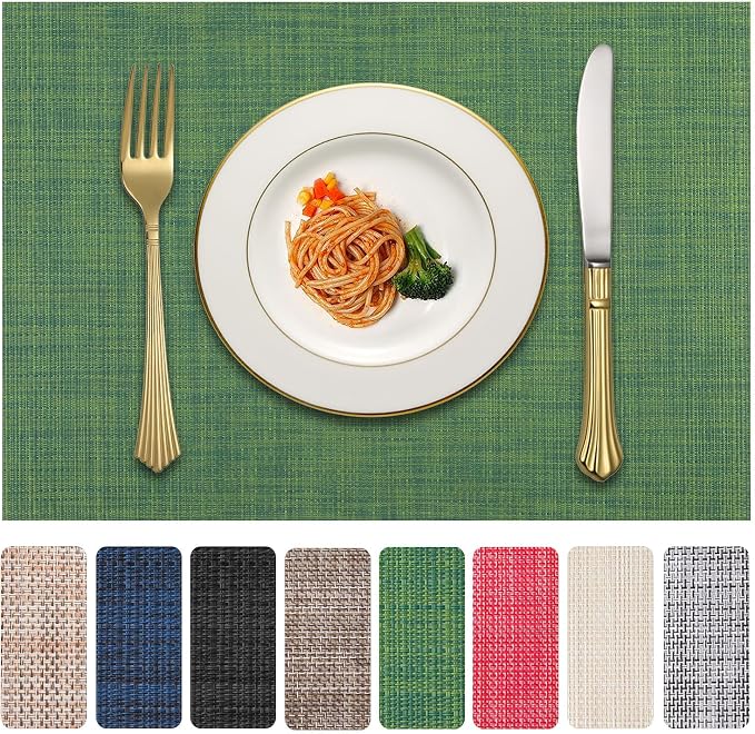 Vinyl Placemats Set of 8, PVC Woven Washable Non-Slip Table Mats, Heat by LANDVIEW
