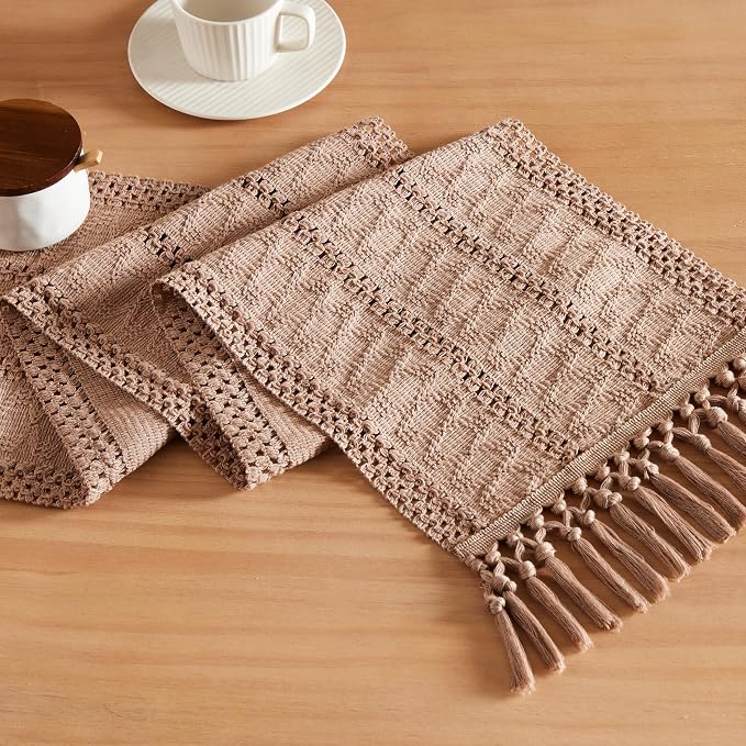 Macrame Style Boho Table Runner, 12x48 Inch Taupe | Woven Boho Table Runner by ZEEMARTONLINE