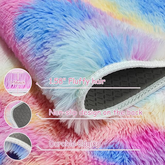 Rainbow Area Rugs 4x6 ft, Tie-Dyed Unicorn Fluffy Fuzzy Shaggy Carpet Soft - Image 4