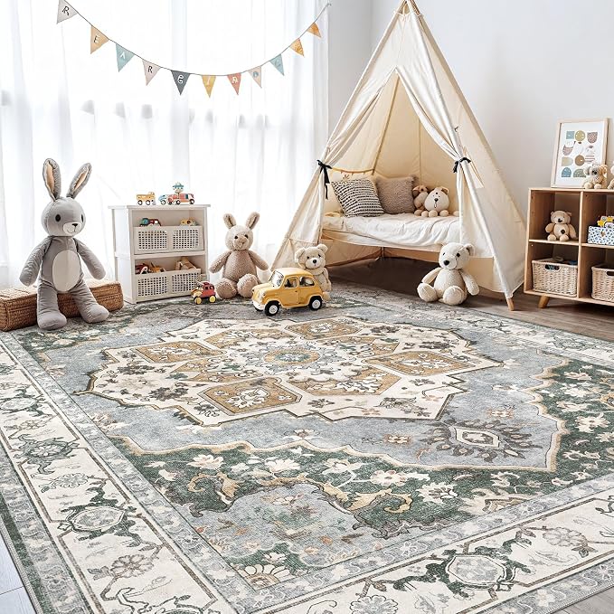 9x12 Washable Area Rug: Vintage Neutral Soft Non Slip Thin Large Floor Carpet - Image 9