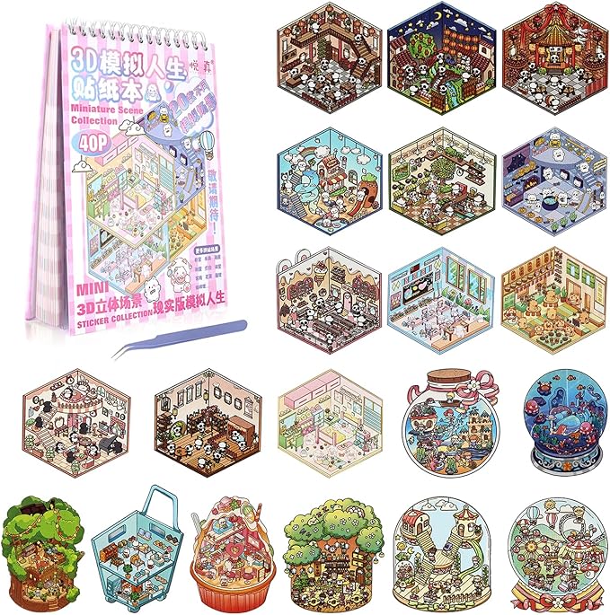 Dwpetzo 20 Sets DIY 3D Sticker Scenes for Adults with Tweezer, Cute 3D House Sticker Therapy for Girls Make Your Own Mini Room Scene Collection Book for Adult Kids Relief Stress Pass The Time