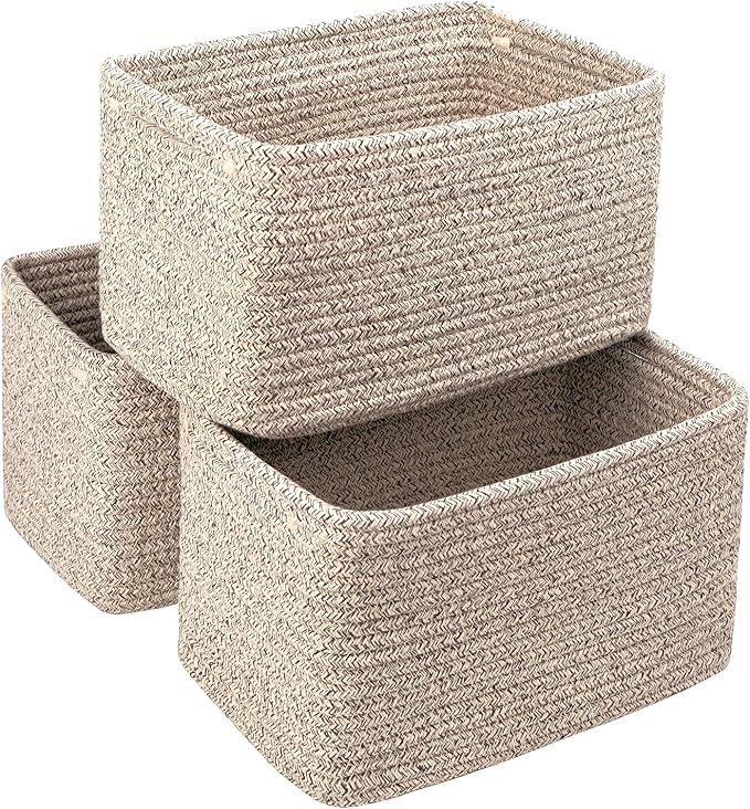 Small Cotton Rope Storage Basket Set of 3-11"x7"x7" Perfect Woven Baskets for Storage, Ideal Storage Baskets for Organizing Toys, Towels, and More - Baskets for Shelves and Home Decor（Beige）
