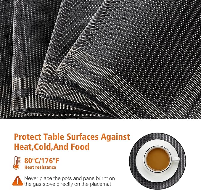 Placemats Set of 8, Vinyl Woven Black Non Slip Table Mats | Heat Resistant - Image 4
