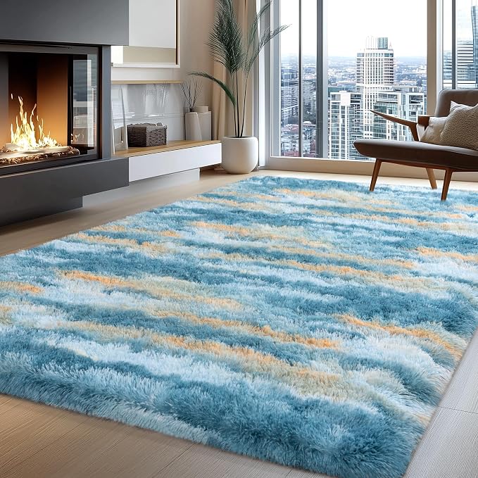 Shag Rugs for Living Room 8x10, Ultra Soft Fluffy Abstract Blue Yellow Fuzzy - Image 2