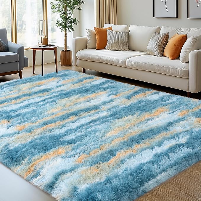 Shag Rugs for Living Room 8x10, Ultra Soft Fluffy Abstract Blue Yellow Fuzzy by WISHTREE