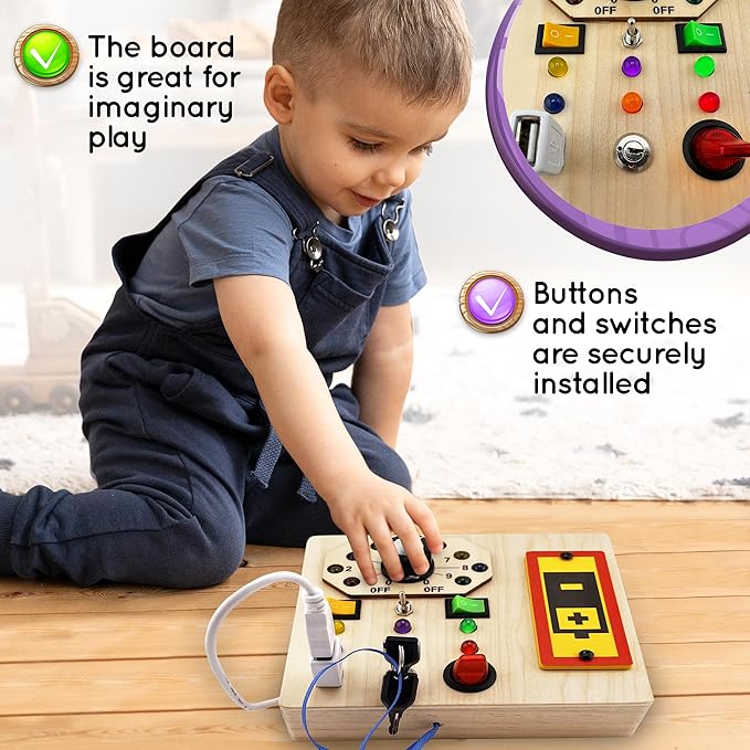 Wooden Montessori Musical Busy Board for Toddlers for 3-5 Year-Old with Mechanical Turner, Colorful Bulbs, Switches, Buttons - Enhance Sensory, Motor Skills (Updated)