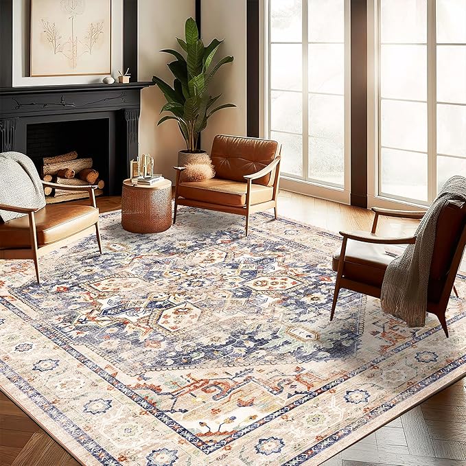 CHAMPLANT Washable Area Rug 8'x10' Blue Khaki Retro Boho Design Non-Shedding by CHAMPLANT
