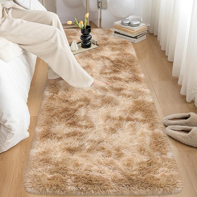 2x8 ft Plush High Pile Khaki Tie Dyed Rug Fluffy Soft Runner Bedside Rug - Image 3
