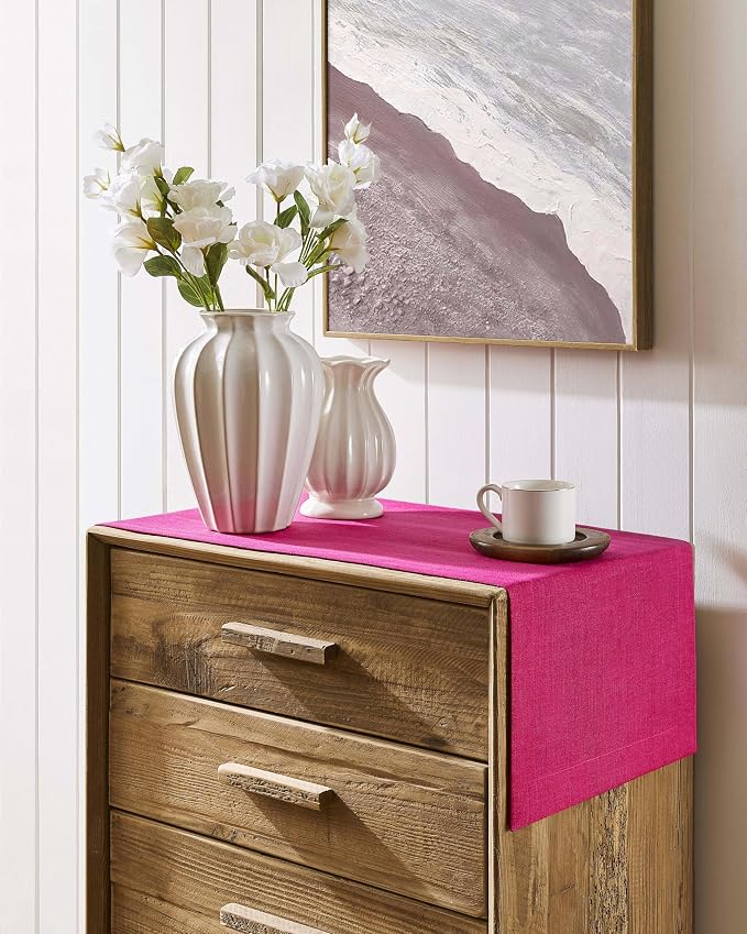 Linen Textured Border Table Runner, 14 x 90 Inch Hot Pink | Mitered Corner - Image 2