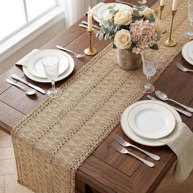 Burlap Boho Table Runner Macrame Brown 48in Farmhouse Woven Runner | Burlap - Image 6