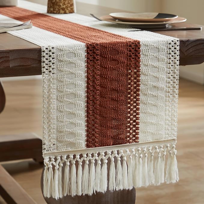 Macrame Style Bicolor Stitching Table Runner 14x90in Terracota | Woven Boho - Image 7