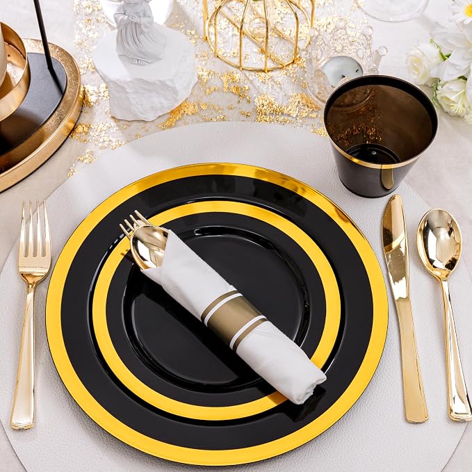 YOUBET 350PCS Black and Gold Plastic Plates - Image 2