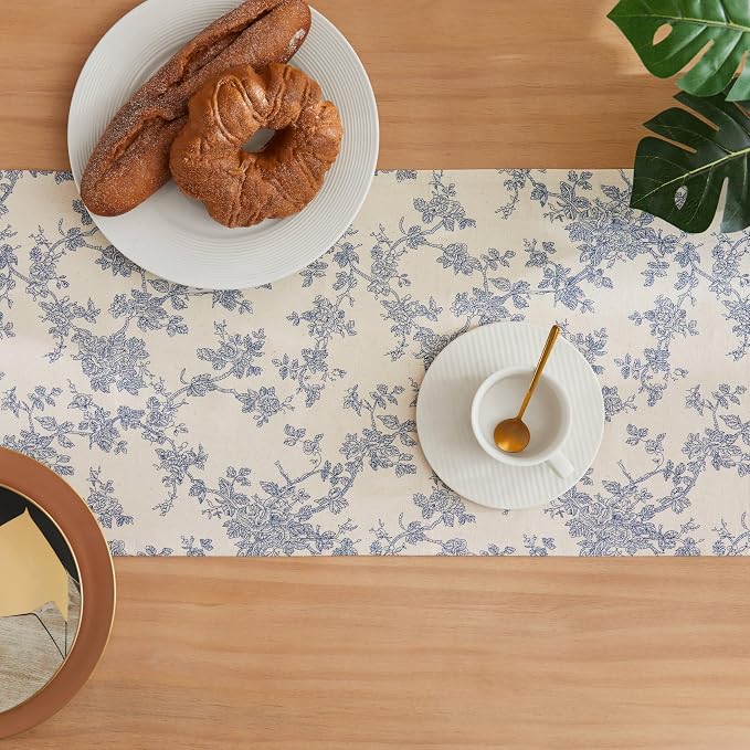 French Pastoral Farmhouse Table Runners, 13x108 Inch Blue | 100% Organic Cotton - Image 4