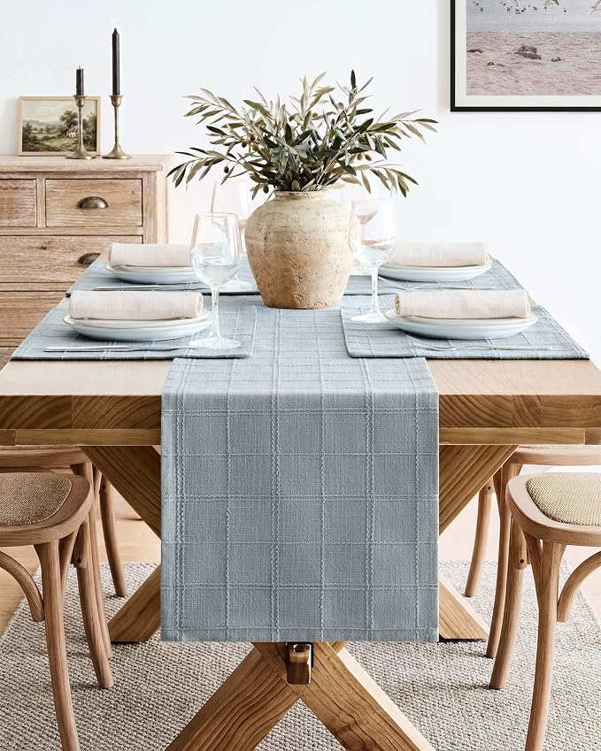 Linen Checked Farmhouse Table Runner, 13x48 Inches Chambray | Raised Grid Design - Image 2