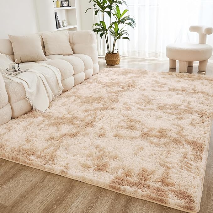 Litanika 6x9 Shag Area Rug for Living Room Bedroom, Tie-Dyed Beige High Pile by Litanika