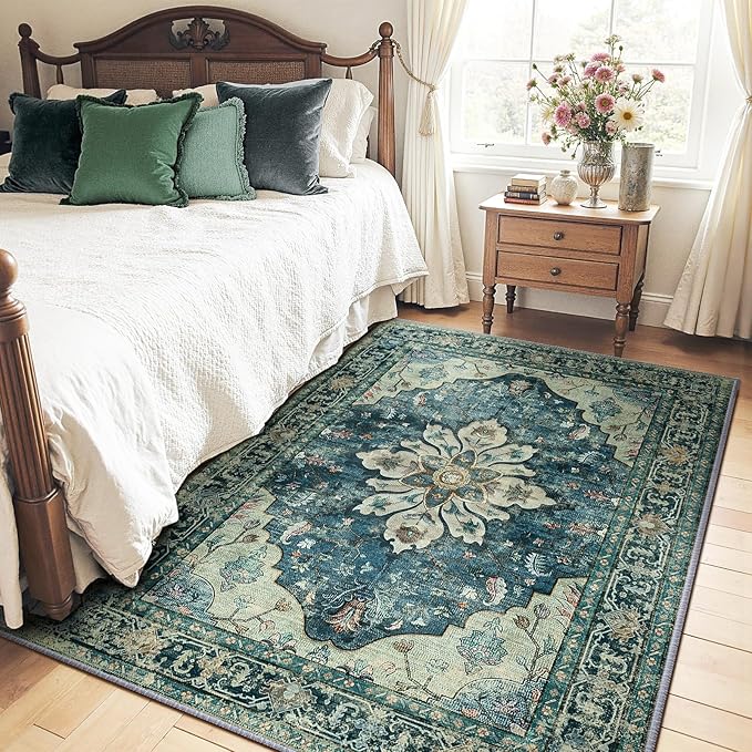 RELEANY Area Rugs 4'x5' Washable Non-Slip, Floral Vintage Distress Medallion by RELEANY