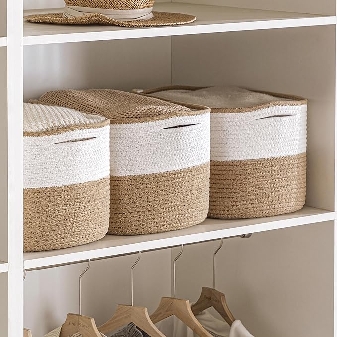 UBBCARE 4 Pack Baskets for Organizing, Woven Storage Baskets for Toys and Towel, Rectangle Cotton Rope Basket with Handles, 15''L x10''W x9''H, Brown