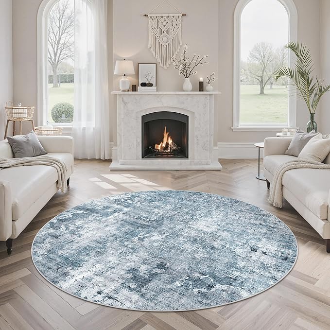 Soalmost 6x6 Blue/Grey Round Rug 6ft Living Room Circle Rug Vintage Round Area by Soalmost