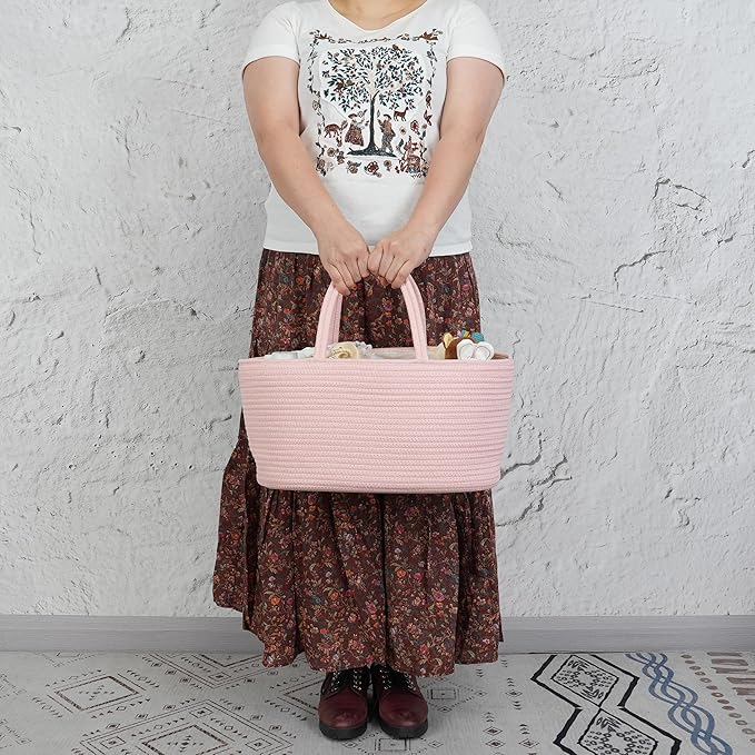 Diaper Caddy Organizer Cotton Rope Baby Basket Nursery Storage and Portable Tote Bag for Car Ideal Baby Shower Gifts and Registry Must-Have for Newborn Essentials large coral pink