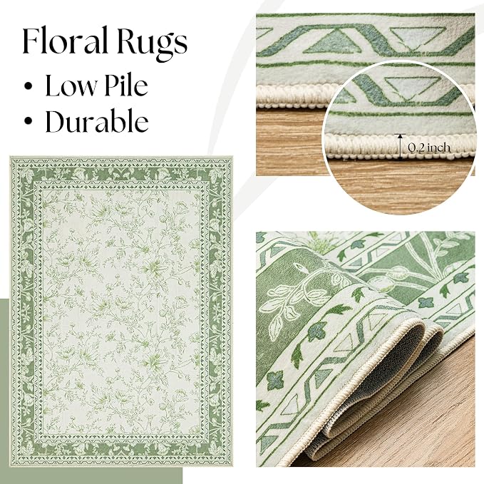 Green and Cream Area Rug 3x5 for Entryway Machine Washable Small Rug for Indoor - Image 5