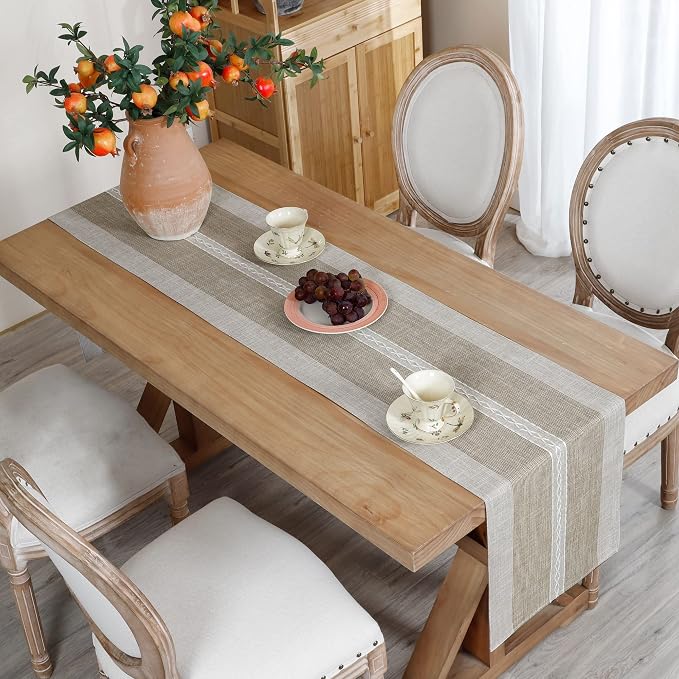 NEWISHER Farmhouse Braided Striped Embroidery Table Runner 72 inches, Rustic - Image 2